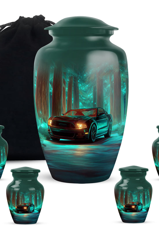 Cool Teal Car Cremation Urn top-down view of secure threaded lid - classic sculpted car pattern on smooth aluminum - memorial set with one large and four small urns
