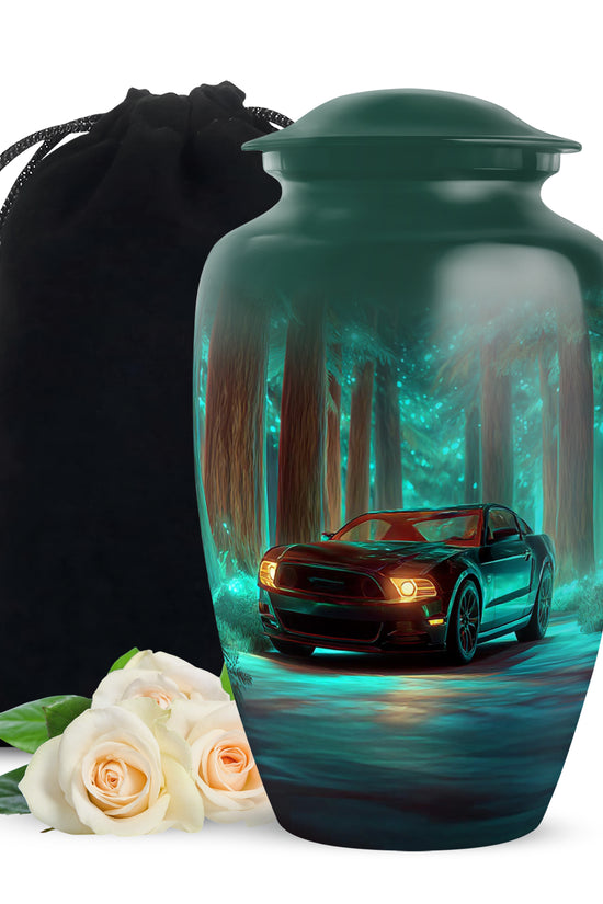 Soft Teal Car Cremation Urn angled view of lid and engraved motif - timeless car motif etched into premium metal - full-size 10 inch 200 cubic inch adult cremation urn