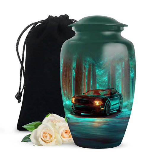 Soft Teal Car Cremation Urn angled view of lid and engraved motif - timeless car motif etched into premium metal - full-size 10 inch 200 cubic inch adult cremation urn