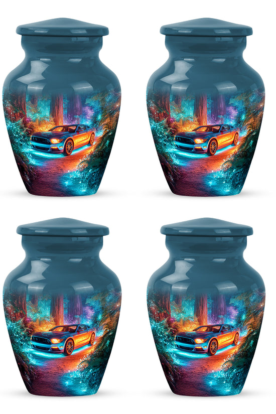 Indigo Car Cremation Urn side profile showing urn shape - classic sculpted car pattern on smooth aluminum - 10 inch aluminum urn for cremated remains