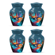 Indigo Car Cremation Urn side profile showing urn shape - classic sculpted car pattern on smooth aluminum - 10 inch aluminum urn for cremated remains