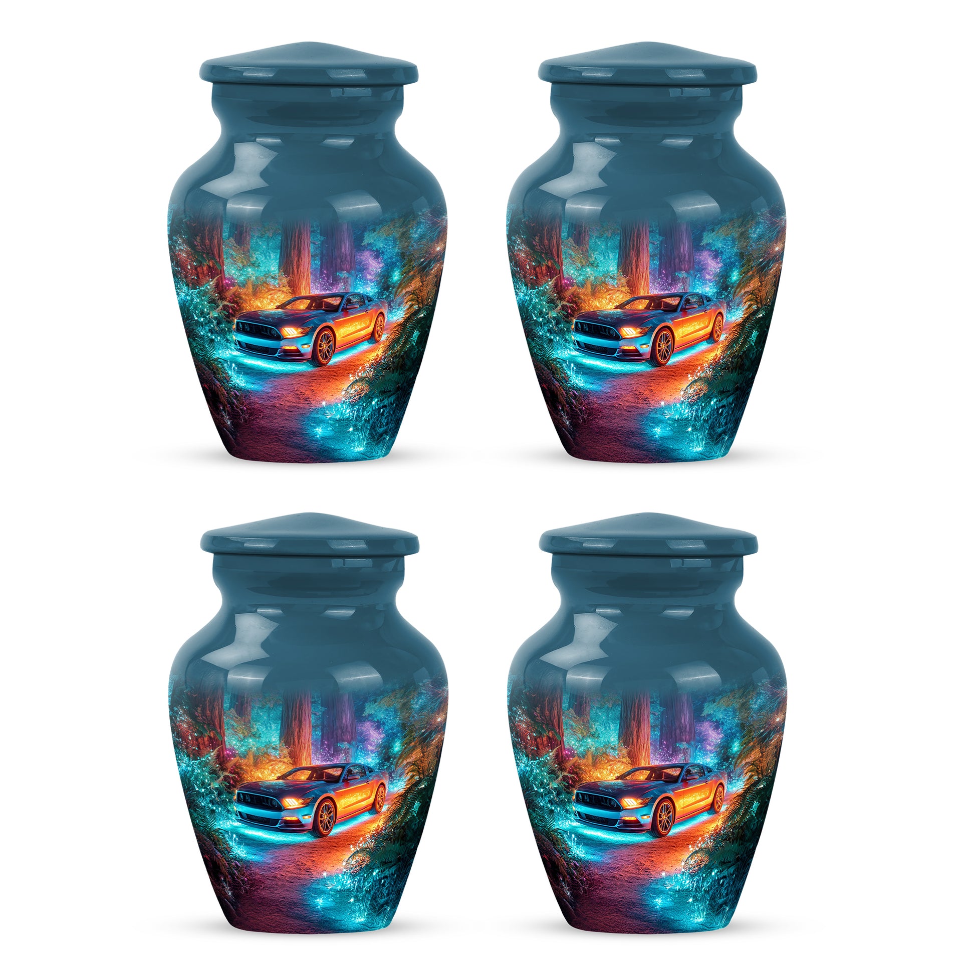 Indigo Car Cremation Urn side profile showing urn shape - classic sculpted car pattern on smooth aluminum - 10 inch aluminum urn for cremated remains