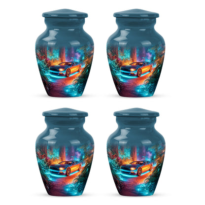 Indigo Car Cremation Urn side profile showing urn shape - classic sculpted car pattern on smooth aluminum - 10 inch aluminum urn for cremated remains