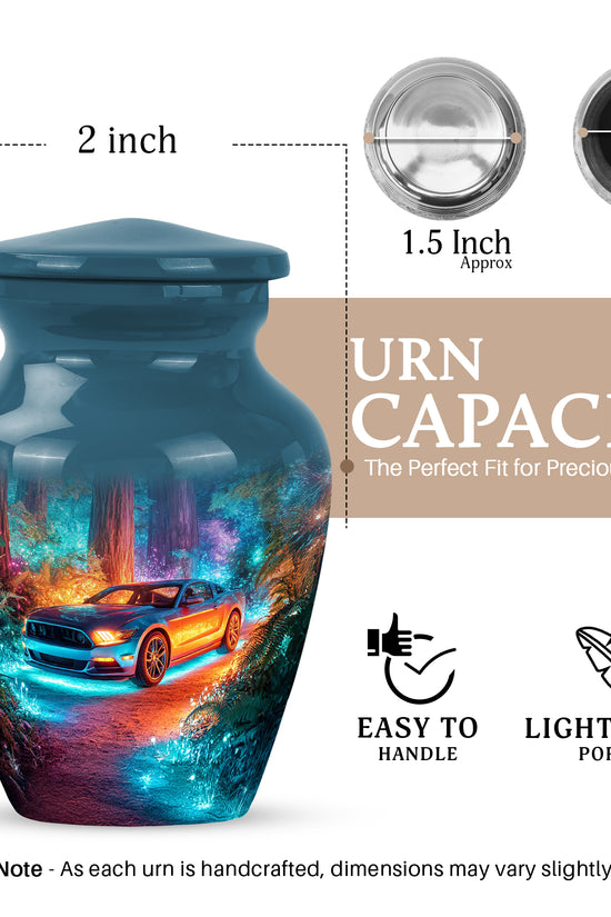 Vivid Blue Car Cremation Urn close-up of engraving and surface detail - traditional car engraving with hand-polished finish - mini keepsake memorial for portion of cremation ashes