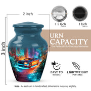 Vivid Blue Car Cremation Urn close-up of engraving and surface detail - traditional car engraving with hand-polished finish - mini keepsake memorial for portion of cremation ashes