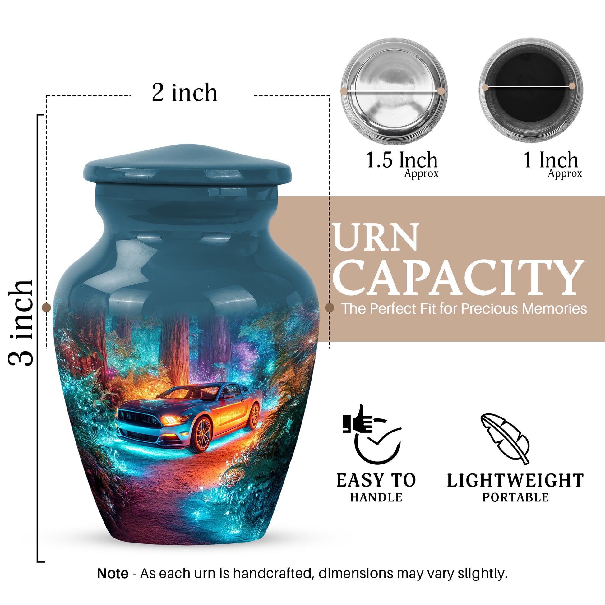 Vivid Blue Car Cremation Urn close-up of engraving and surface detail - traditional car engraving with hand-polished finish - mini keepsake memorial for portion of cremation ashes