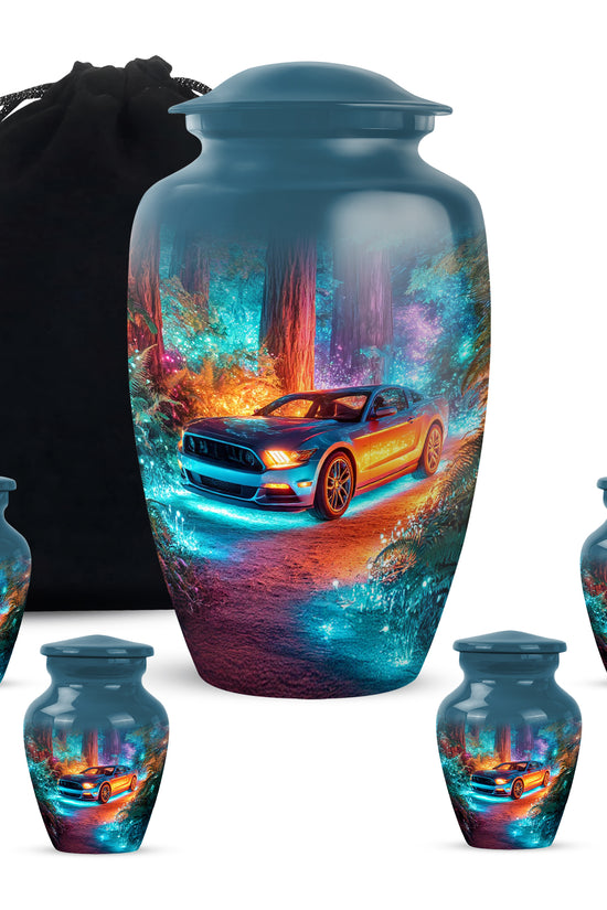 Cobalt Blue Car Cremation Urn top-down view of secure threaded lid - elegant classic car relief with fine detailing - memorial set with one large and four small urns