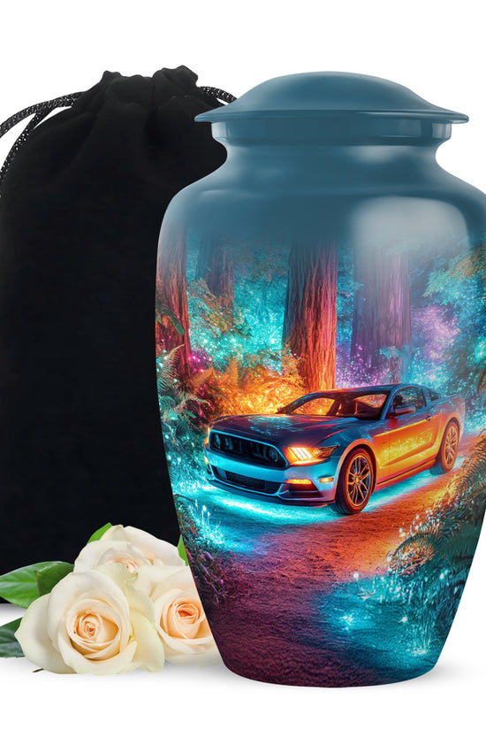Bright Blue Car Cremation Urn angled view of lid and engraved motif - elegant classic car relief with fine detailing - full-size 10 inch 200 cubic inch adult cremation urn