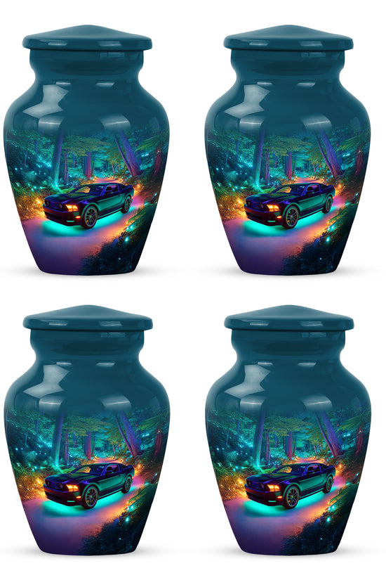 Serene Blue Car Cremation Urn side profile showing urn shape - traditional car engraving with hand-polished finish - 10 inch aluminum urn for cremated remains