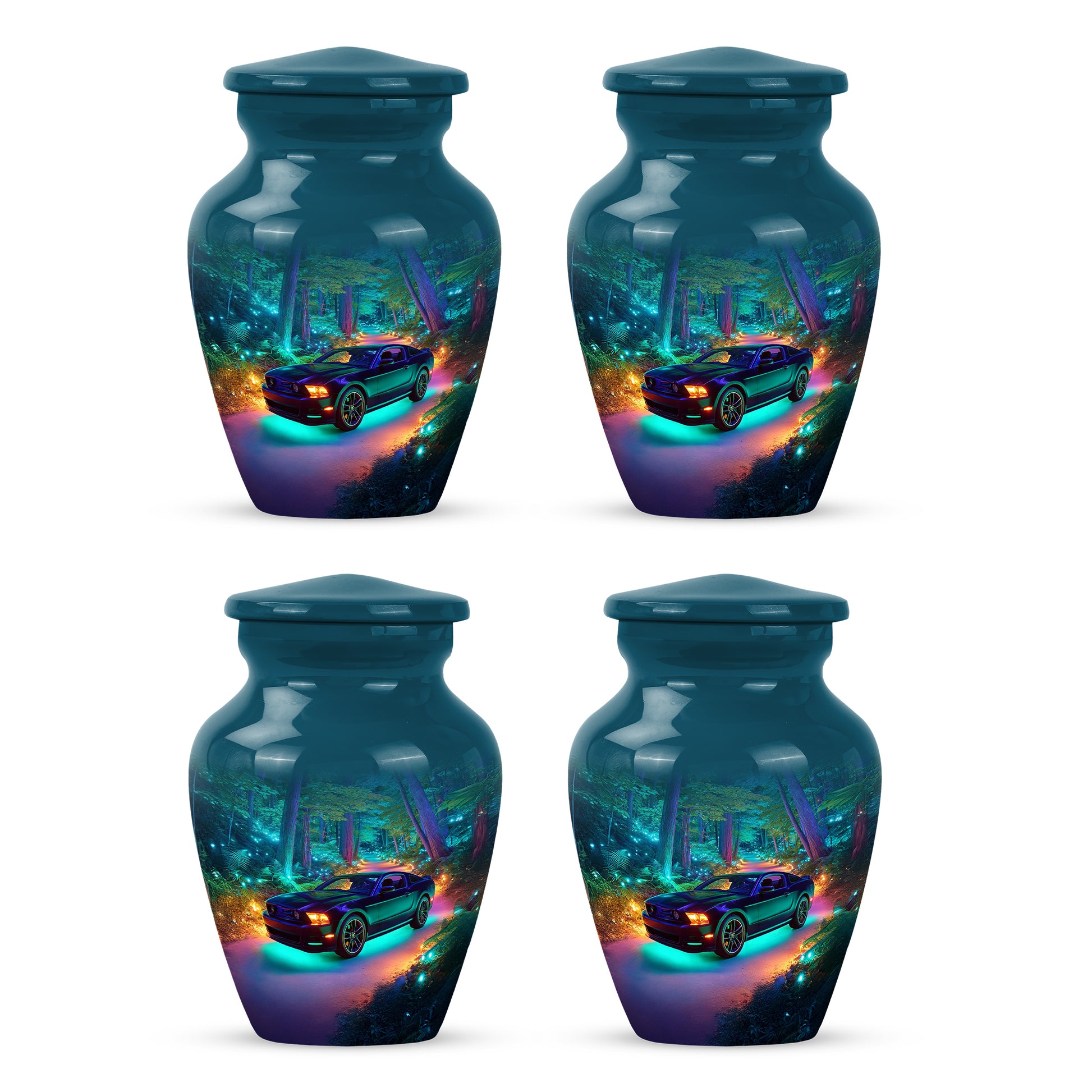 Serene Blue Car Cremation Urn side profile showing urn shape - traditional car engraving with hand-polished finish - 10 inch aluminum urn for cremated remains