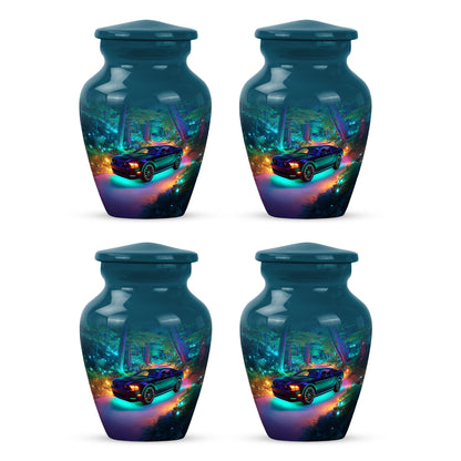 Serene Blue Car Cremation Urn side profile showing urn shape - traditional car engraving with hand-polished finish - 10 inch aluminum urn for cremated remains