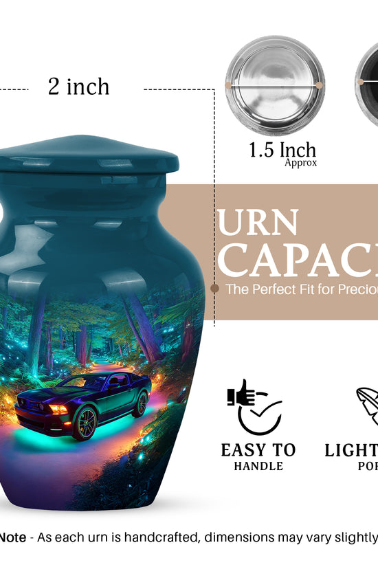 Soft Blue Car Cremation Urn close-up of engraving and surface detail - traditional car engraving with hand-polished finish - mini keepsake memorial for portion of cremation ashes