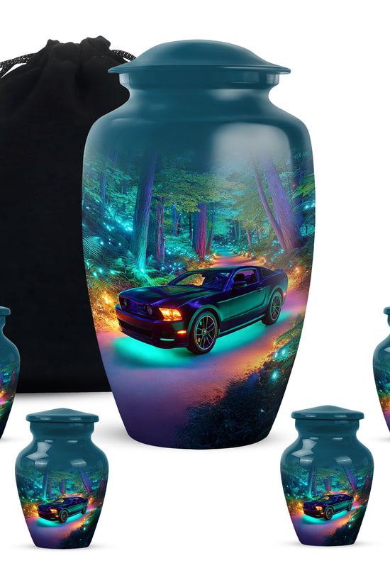 Misty Blue Car Cremation Urn top-down view of secure threaded lid - classic sculpted car pattern on smooth aluminum - memorial set with one large and four small urns