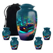 Misty Blue Car Cremation Urn top-down view of secure threaded lid - classic sculpted car pattern on smooth aluminum - memorial set with one large and four small urns