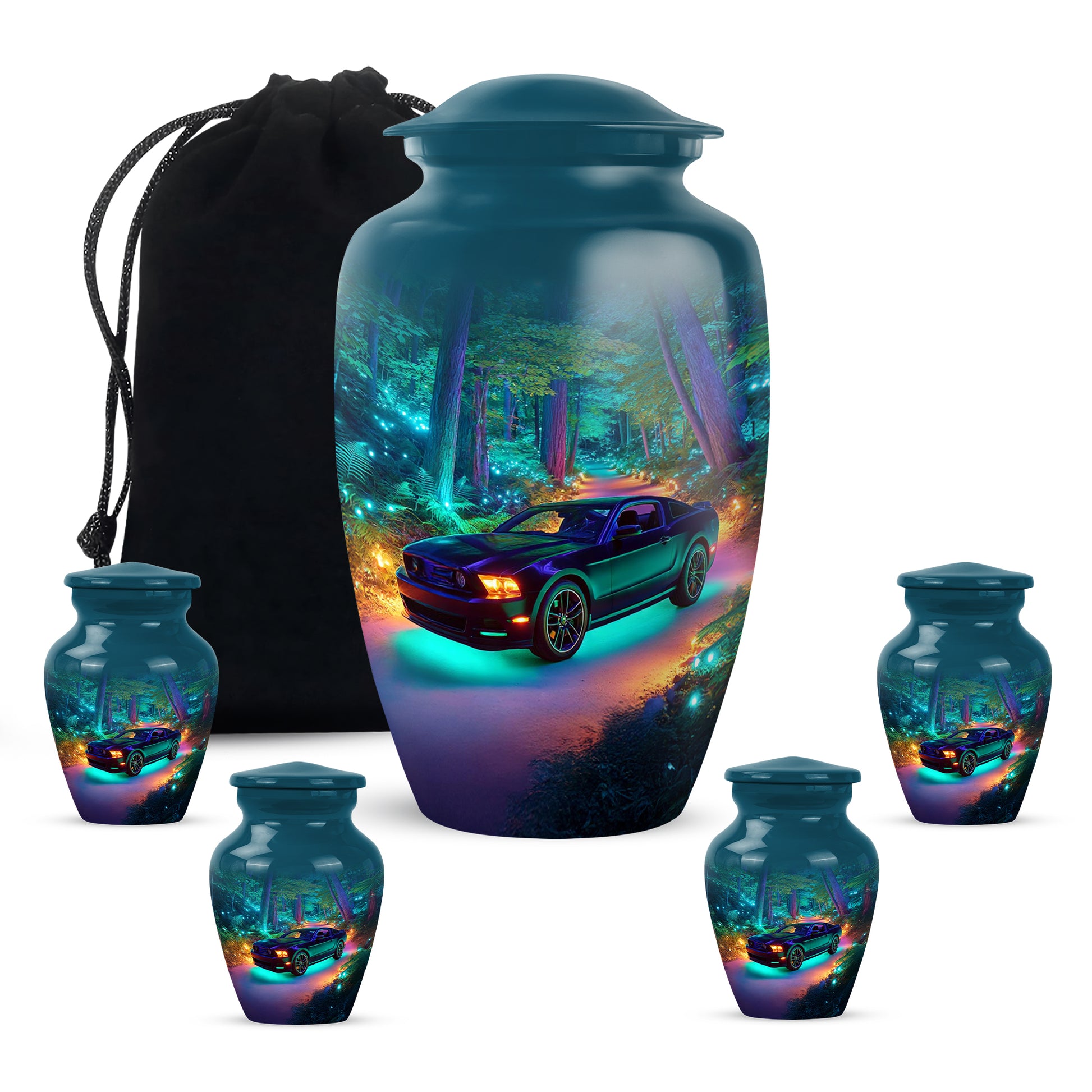 Misty Blue Car Cremation Urn top-down view of secure threaded lid - classic sculpted car pattern on smooth aluminum - memorial set with one large and four small urns