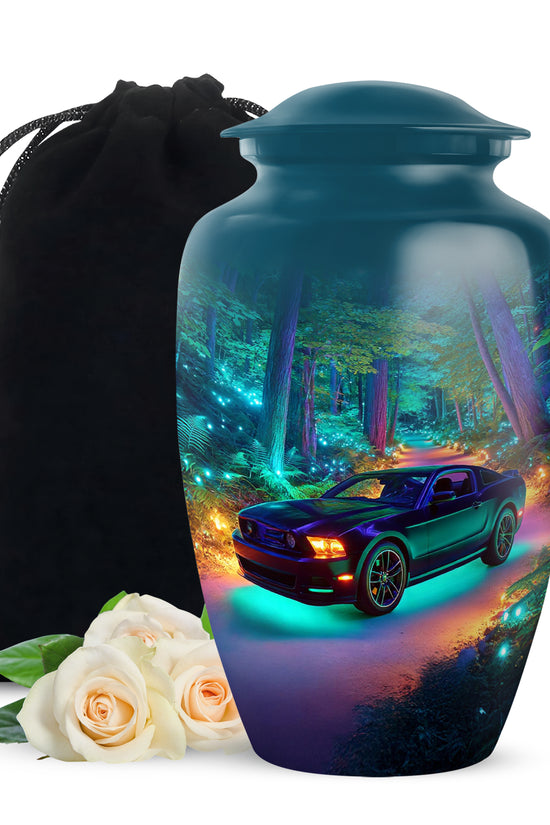 Steel Blue Car Cremation Urn angled view of lid and engraved motif - elegant classic car relief with fine detailing - full-size 10 inch 200 cubic inch adult cremation urn