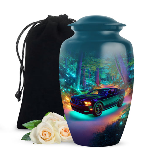 Steel Blue Car Cremation Urn angled view of lid and engraved motif - elegant classic car relief with fine detailing - full-size 10 inch 200 cubic inch adult cremation urn