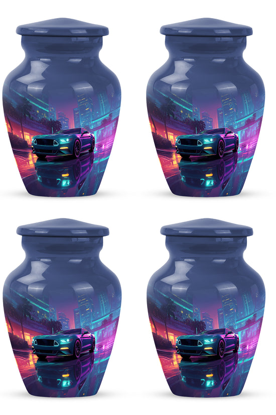 Navy Blue Car Cremation Urn side profile showing urn shape - timeless car motif etched into premium metal - 10 inch aluminum urn for cremated remains