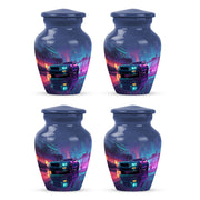 Navy Blue Car Cremation Urn side profile showing urn shape - timeless car motif etched into premium metal - 10 inch aluminum urn for cremated remains