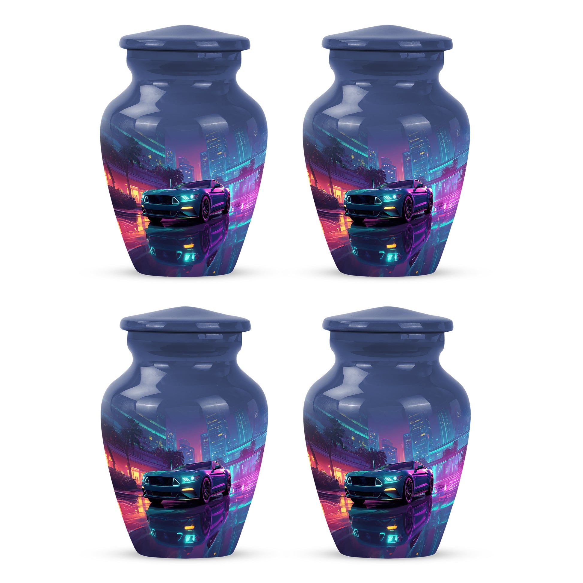 Navy Blue Car Cremation Urn side profile showing urn shape - timeless car motif etched into premium metal - 10 inch aluminum urn for cremated remains