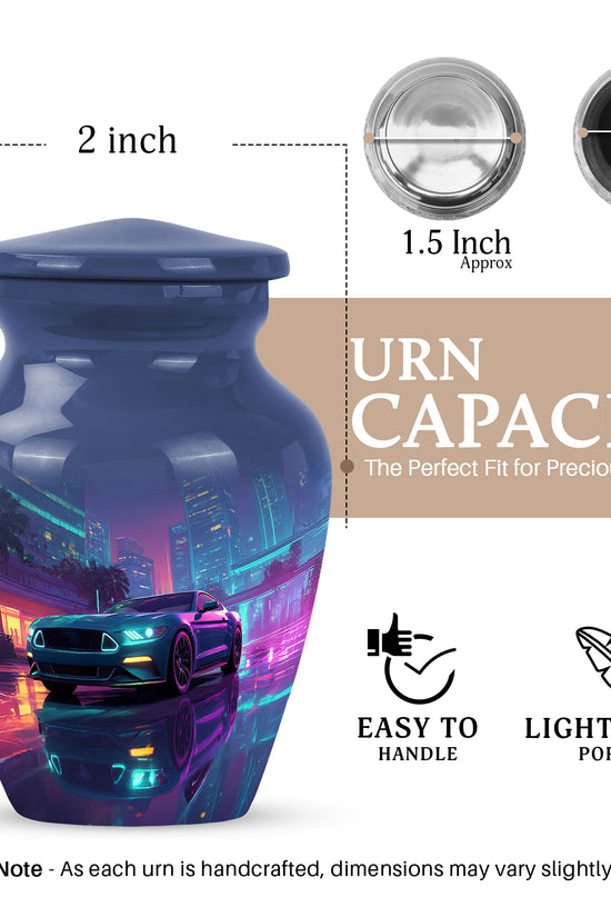 Cornflower Blue Car Cremation Urn close-up of engraving and surface detail - elegant classic car relief with fine detailing - mini keepsake memorial for portion of cremation ashes