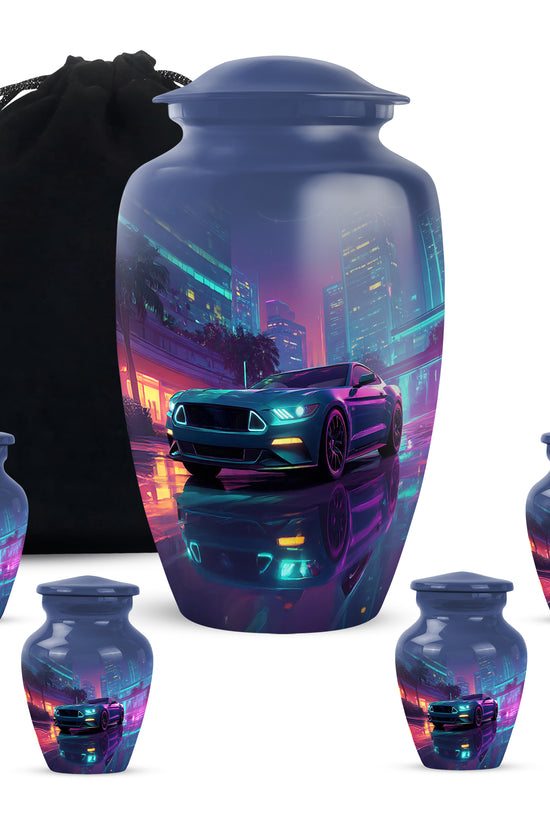 Steel Blue Car Cremation Urn top-down view of secure threaded lid - elegant classic car relief with fine detailing - memorial set with one large and four small urns