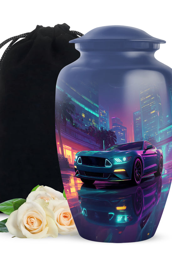 Celestial Blue Car Cremation Urn angled view of lid and engraved motif - classic sculpted car pattern on smooth aluminum - full-size 10 inch 200 cubic inch adult cremation urn