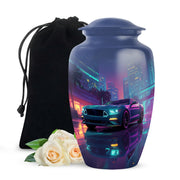 Celestial Blue Car Cremation Urn angled view of lid and engraved motif - classic sculpted car pattern on smooth aluminum - full-size 10 inch 200 cubic inch adult cremation urn