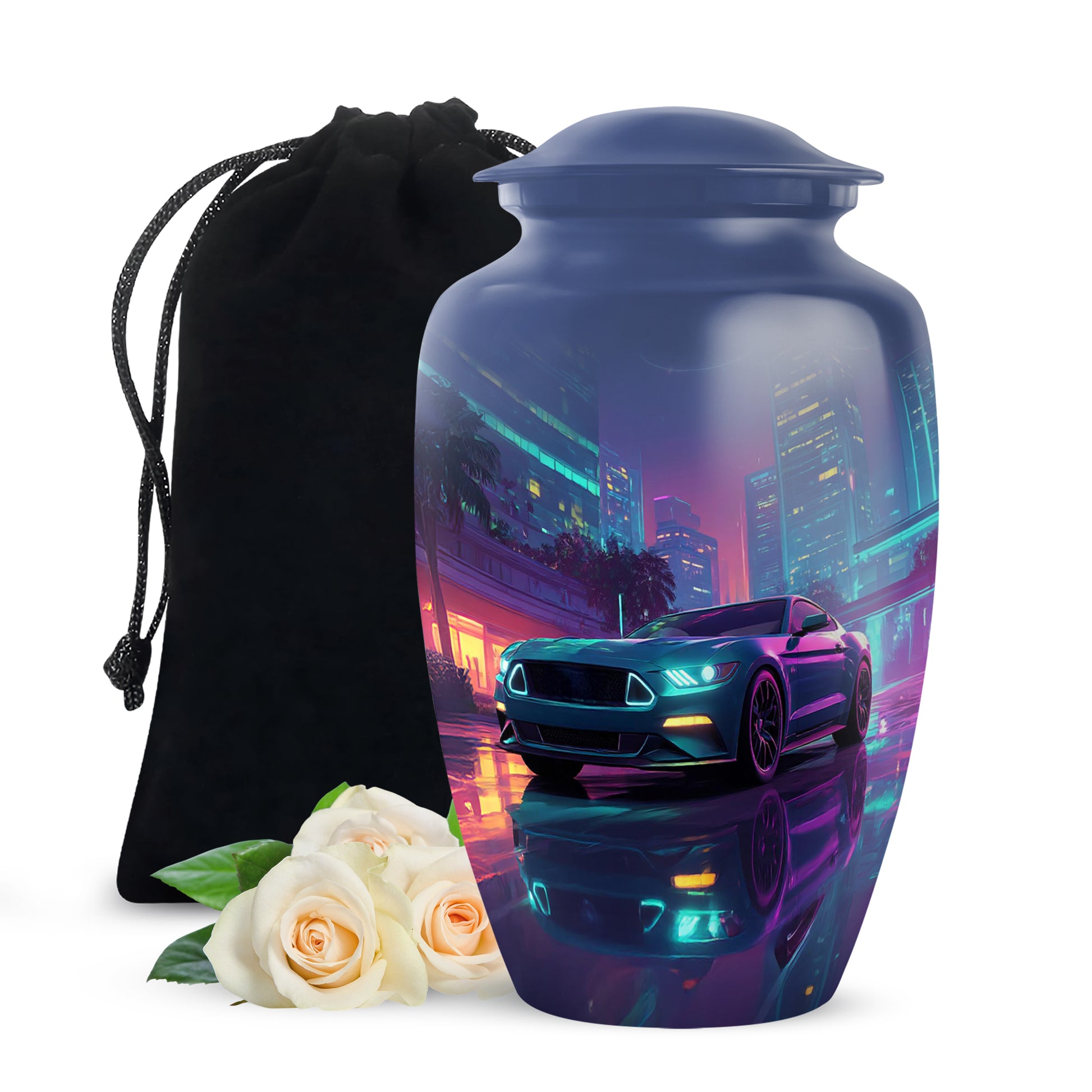 Celestial Blue Car Cremation Urn angled view of lid and engraved motif - classic sculpted car pattern on smooth aluminum - full-size 10 inch 200 cubic inch adult cremation urn