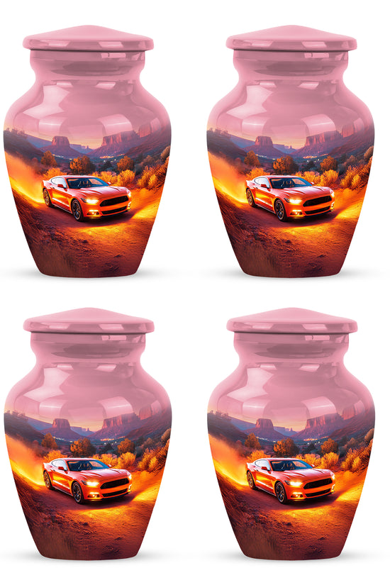 Fiery Red Car Cremation Urn side profile showing urn shape - traditional car engraving with hand-polished finish - 10 inch aluminum urn for cremated remains
