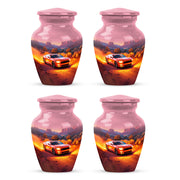 Fiery Red Car Cremation Urn side profile showing urn shape - traditional car engraving with hand-polished finish - 10 inch aluminum urn for cremated remains