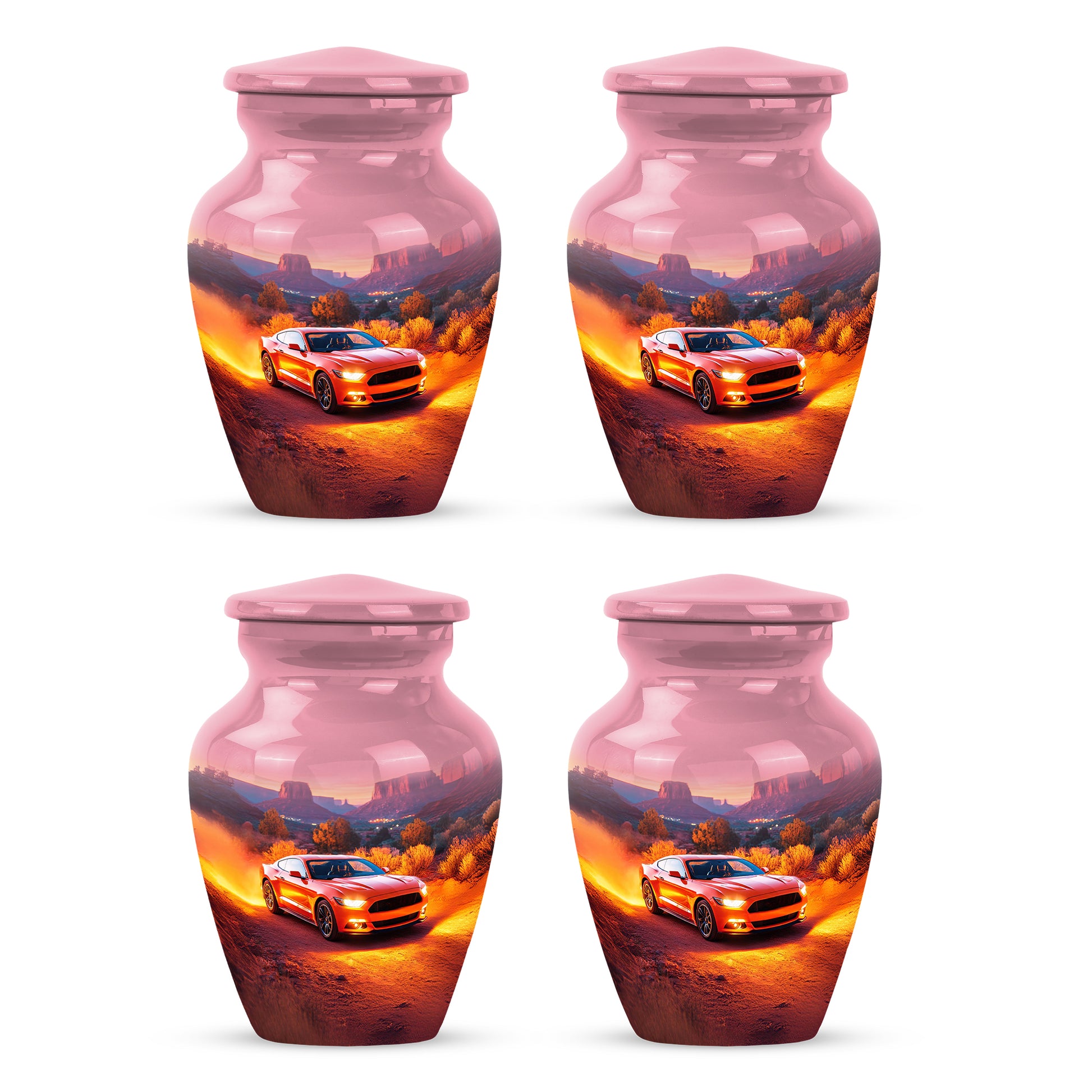 Fiery Red Car Cremation Urn side profile showing urn shape - traditional car engraving with hand-polished finish - 10 inch aluminum urn for cremated remains