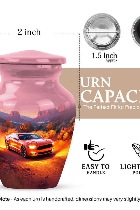 Rich Red Car Cremation Urn close-up of engraving and surface detail - elegant classic car relief with fine detailing - mini keepsake memorial for portion of cremation ashes