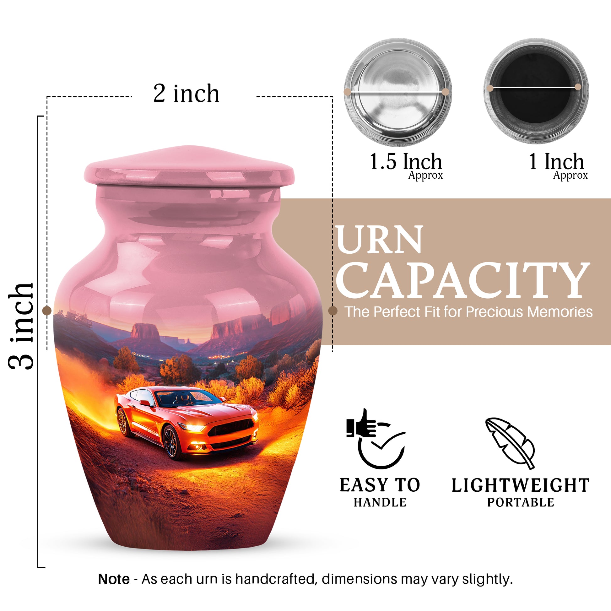 Rich Red Car Cremation Urn close-up of engraving and surface detail - elegant classic car relief with fine detailing - mini keepsake memorial for portion of cremation ashes