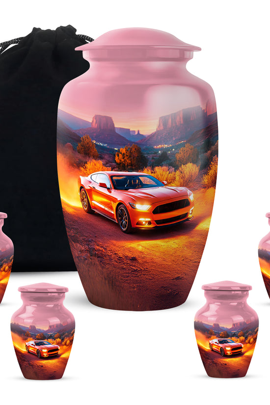 Ruby Red Car Cremation Urn top-down view of secure threaded lid - traditional car engraving with hand-polished finish - memorial set with one large and four small urns