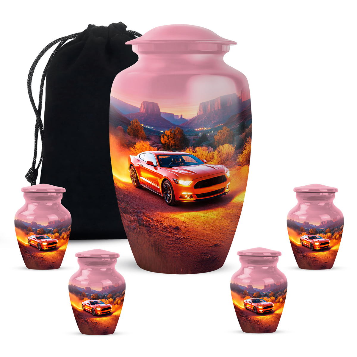 Ruby Red Car Cremation Urn top-down view of secure threaded lid - traditional car engraving with hand-polished finish - memorial set with one large and four small urns