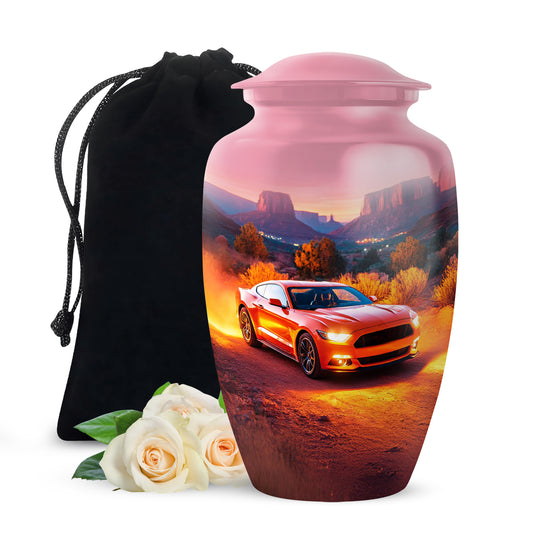 Wine Red Car Cremation Urn angled view of lid and engraved motif - classic sculpted car pattern on smooth aluminum - full-size 10 inch 200 cubic inch adult cremation urn