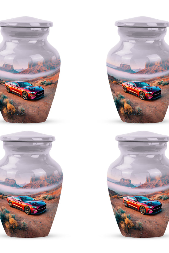 Brushed Silver Car Cremation Urn side profile showing urn shape - timeless car motif etched into premium metal - 10 inch aluminum urn for cremated remains