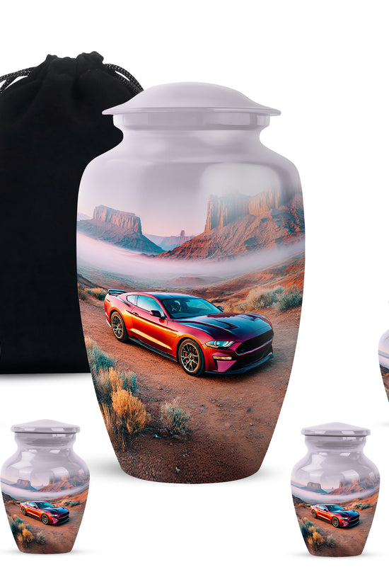 Gleaming Silver Car Cremation Urn top-down view of secure threaded lid - classic sculpted car pattern on smooth aluminum - memorial set with one large and four small urns