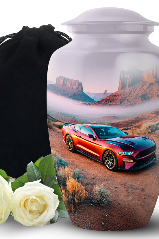 Antique Silver Car Cremation Urn angled view of lid and engraved motif - traditional car engraving with hand-polished finish - full-size 10 inch 200 cubic inch adult cremation urn