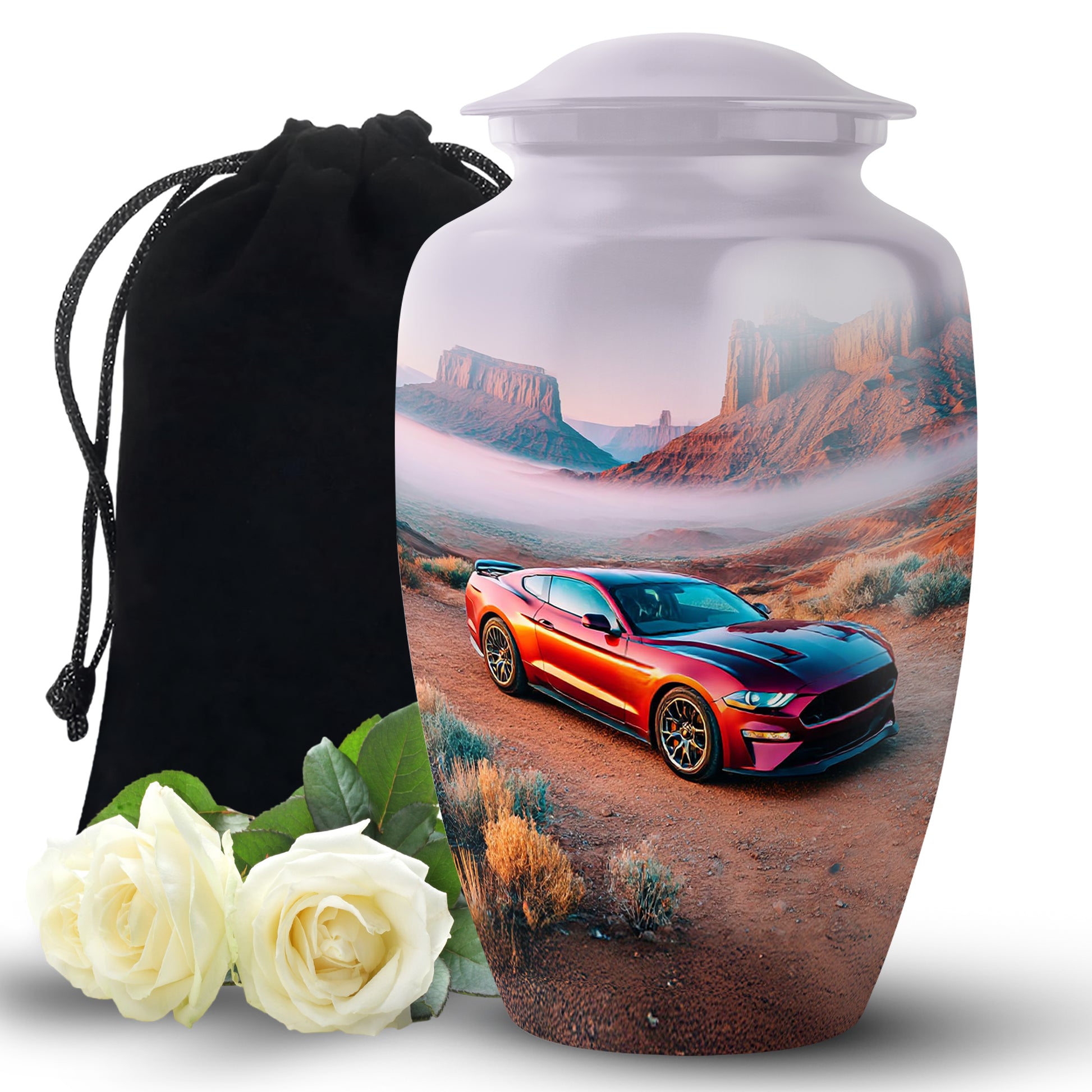 Antique Silver Car Cremation Urn angled view of lid and engraved motif - traditional car engraving with hand-polished finish - full-size 10 inch 200 cubic inch adult cremation urn
