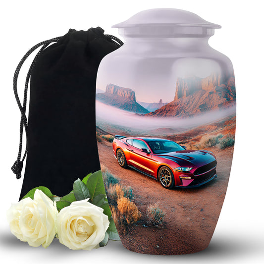 Antique Silver Car Cremation Urn angled view of lid and engraved motif - traditional car engraving with hand-polished finish - full-size 10 inch 200 cubic inch adult cremation urn
