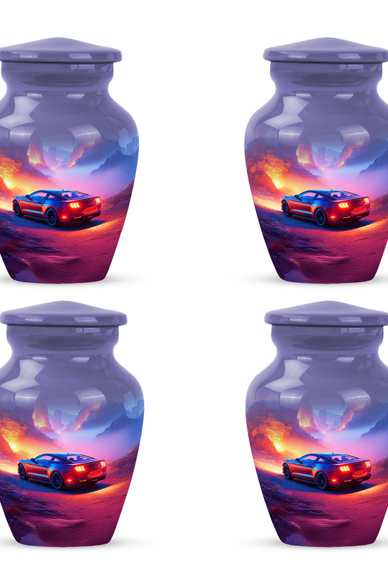 Powder Blue Car Cremation Urn side profile showing urn shape - timeless car motif etched into premium metal - 10 inch aluminum urn for cremated remains