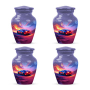 Powder Blue Car Cremation Urn side profile showing urn shape - timeless car motif etched into premium metal - 10 inch aluminum urn for cremated remains