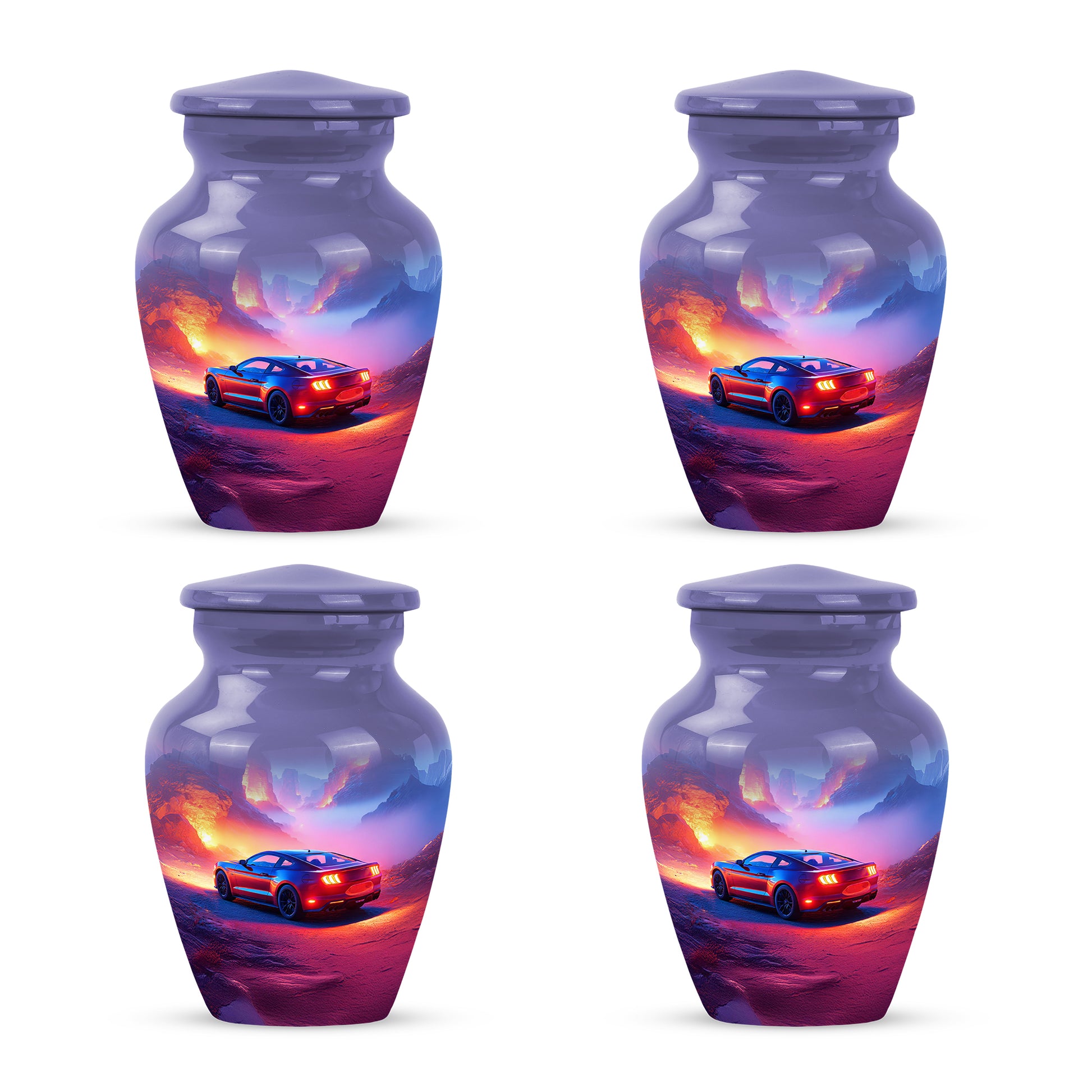 Powder Blue Car Cremation Urn side profile showing urn shape - timeless car motif etched into premium metal - 10 inch aluminum urn for cremated remains