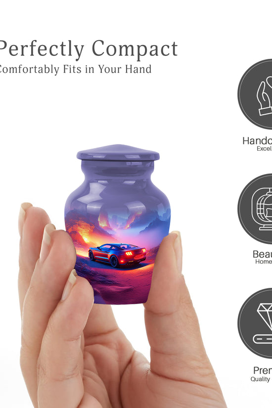 Calming Blue Car Cremation Urn close-up of engraving and surface detail - elegant classic car relief with fine detailing - mini keepsake memorial for portion of cremation ashes