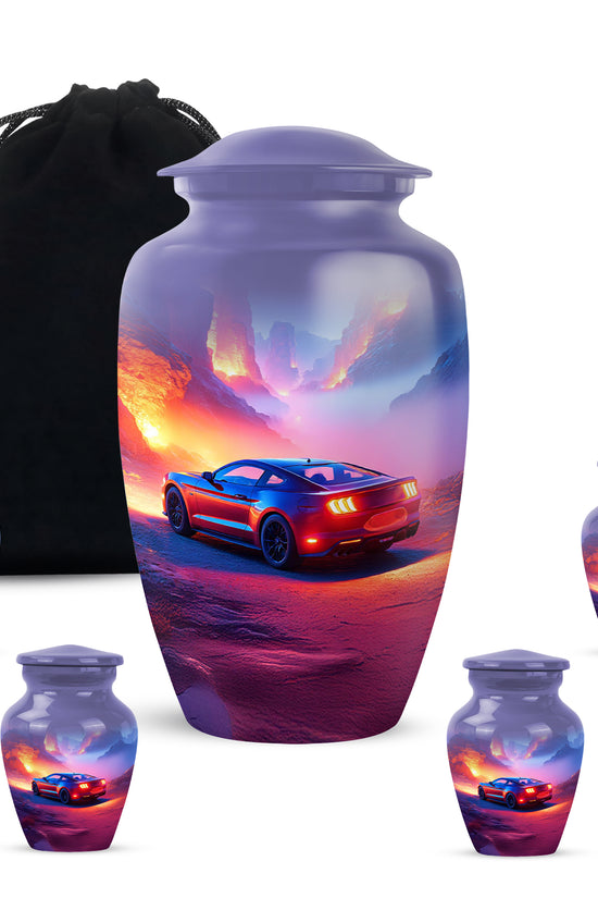 Soft Blue Car Cremation Urn top-down view of secure threaded lid - elegant classic car relief with fine detailing - memorial set with one large and four small urns