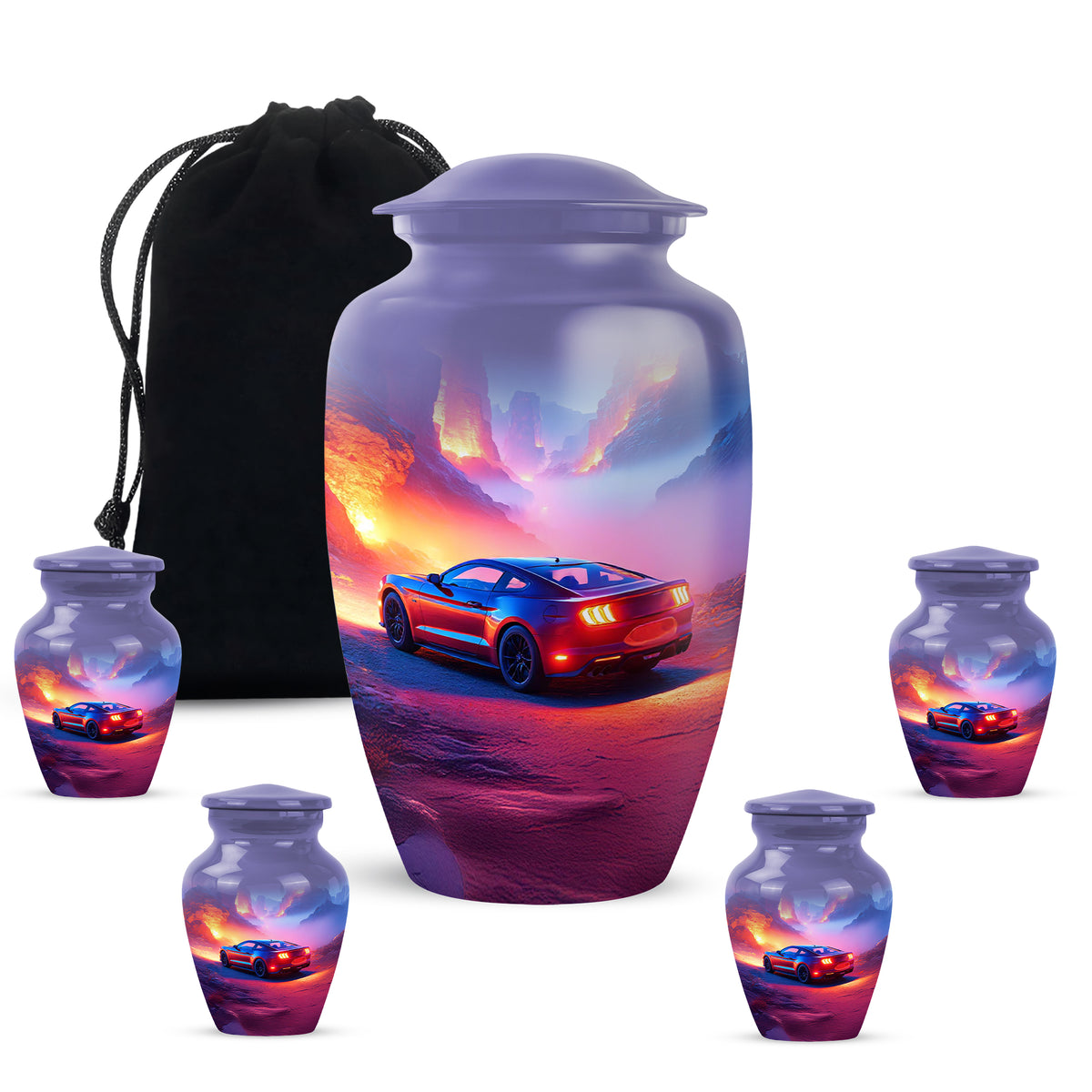 Soft Blue Car Cremation Urn top-down view of secure threaded lid - elegant classic car relief with fine detailing - memorial set with one large and four small urns