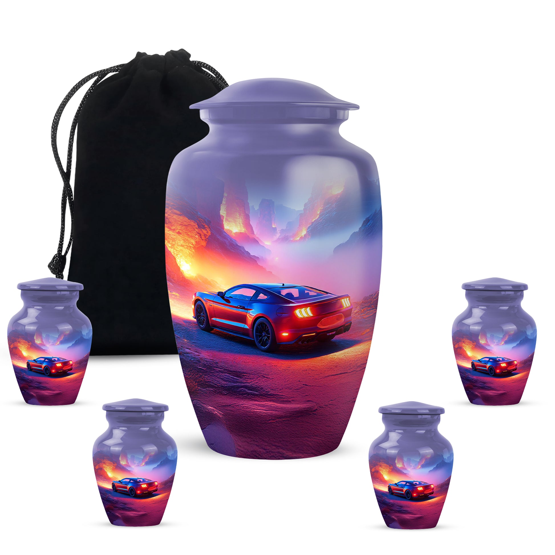Soft Blue Car Cremation Urn top-down view of secure threaded lid - elegant classic car relief with fine detailing - memorial set with one large and four small urns