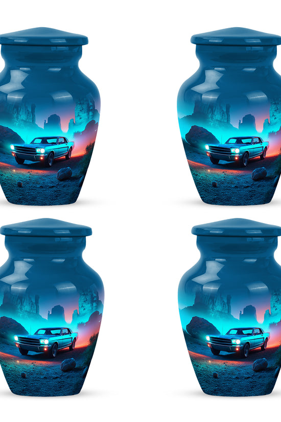Cobalt Blue Car Cremation Urn side profile showing urn shape - traditional car engraving with hand-polished finish - 10 inch aluminum urn for cremated remains
